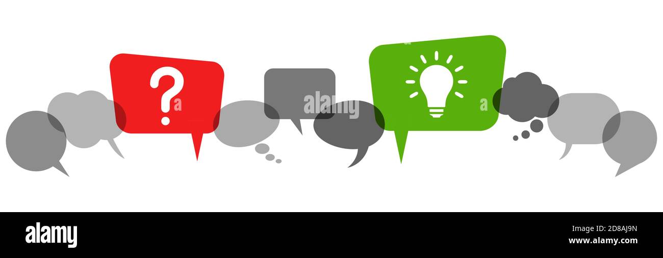 des bulles de parole grises symbolisant une ampoule verte et rouge question et idée ou solution Illustration de Vecteur
