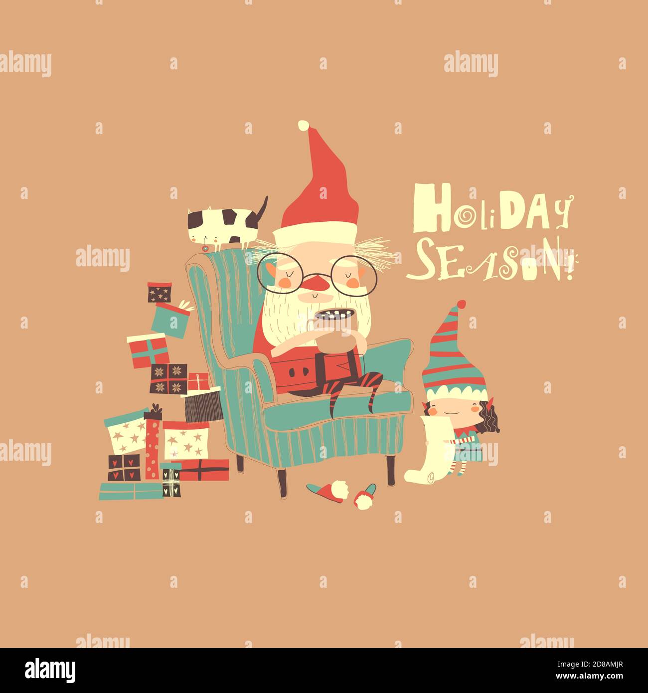 Drôle de dessin animé Santa Claus avec peu d'aide Illustration de Vecteur