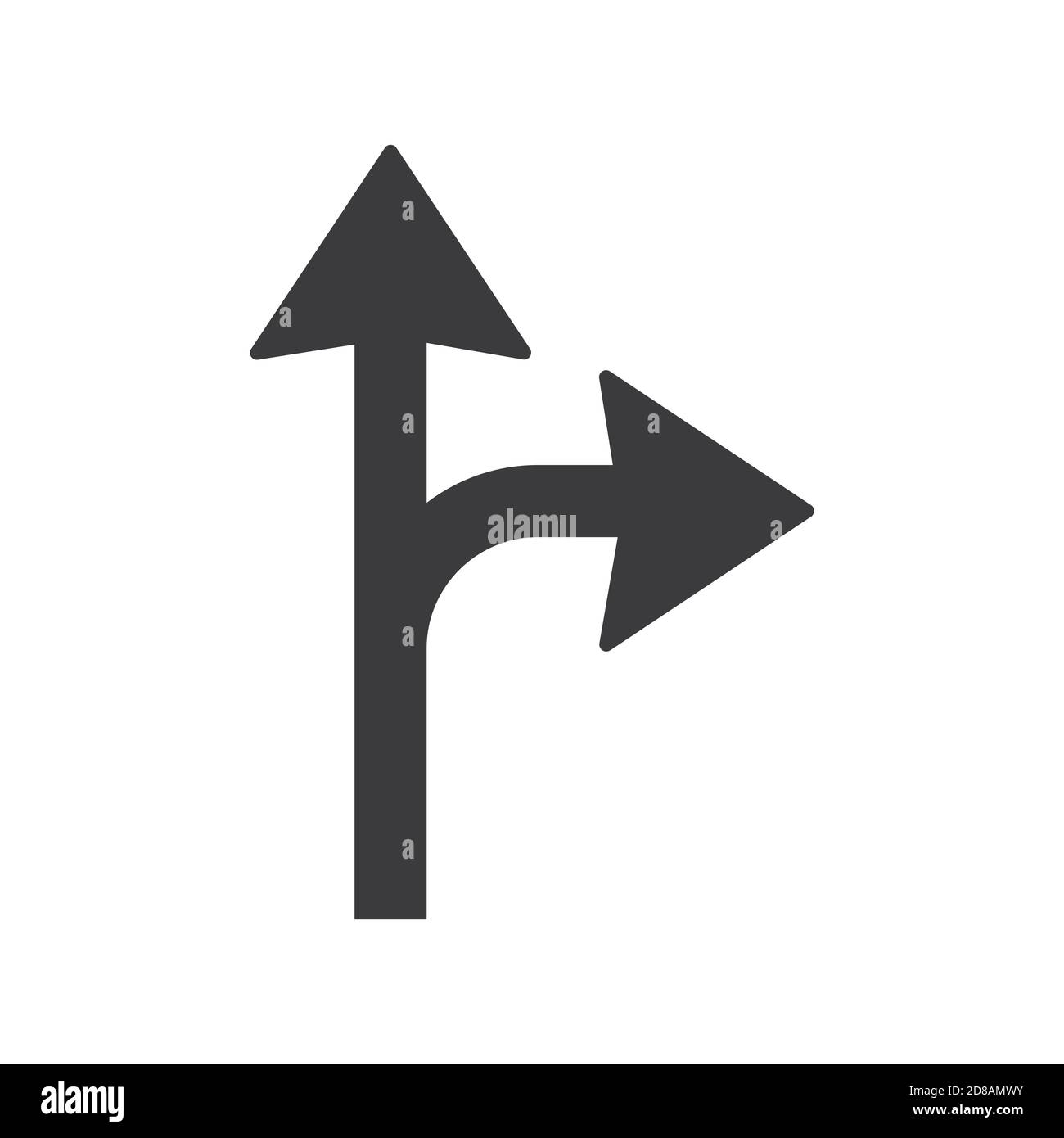 Tournez à droite ou continuez tout droit à l'icône en forme de glyphe, illustration vectorielle du panneau routier sur fond blanc. Tournez à droite ou continuez tout droit Illustration de Vecteur