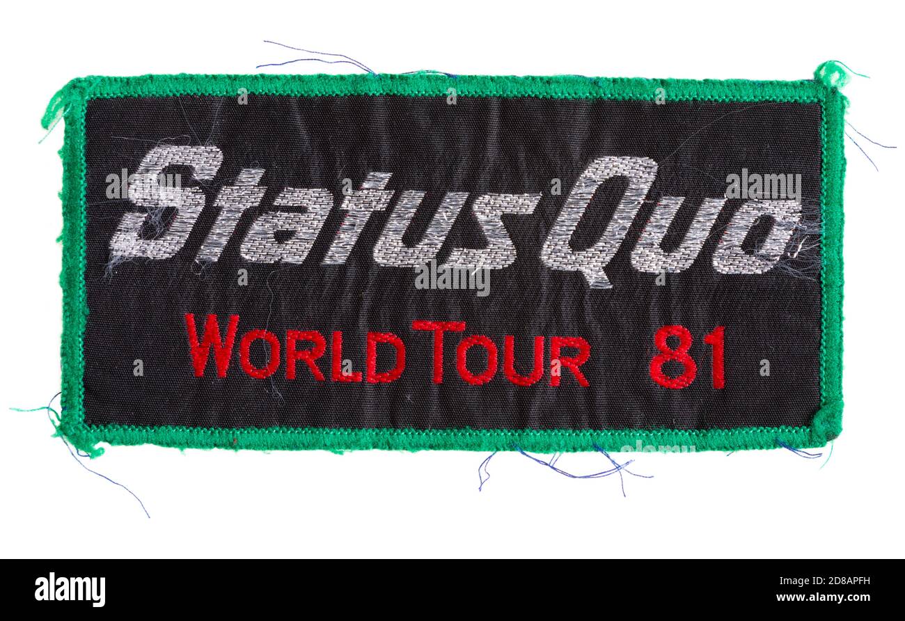 Logo brodé du souvenir en tissu de la tournée mondiale du statu quo 81. Banque D'Images
