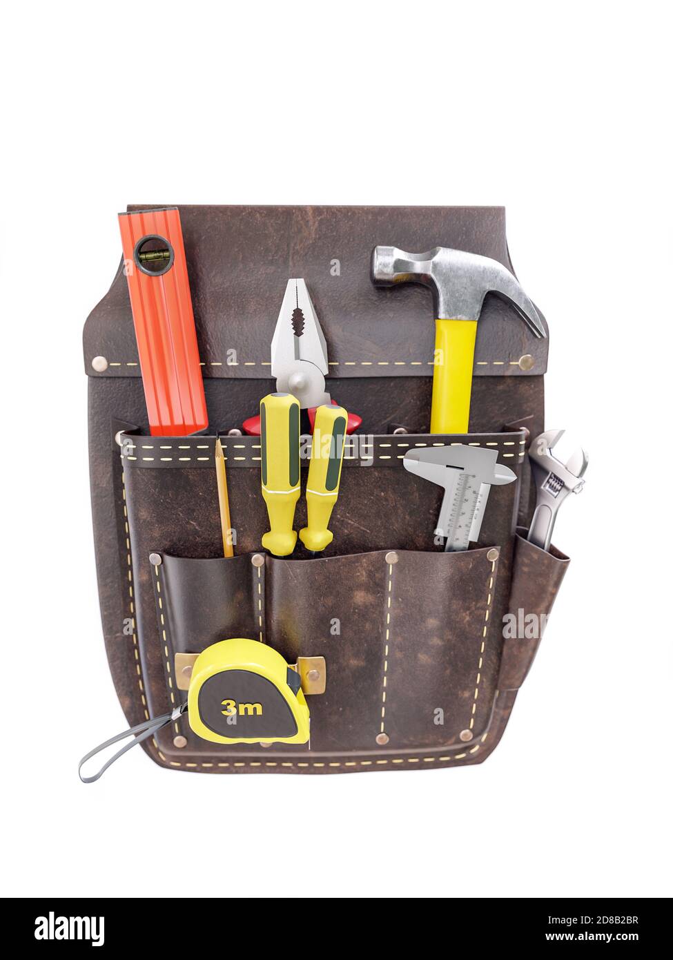 Rendu 3D d'une ceinture à outils en cuir marron classique avec outils à main sur fond blanc Banque D'Images