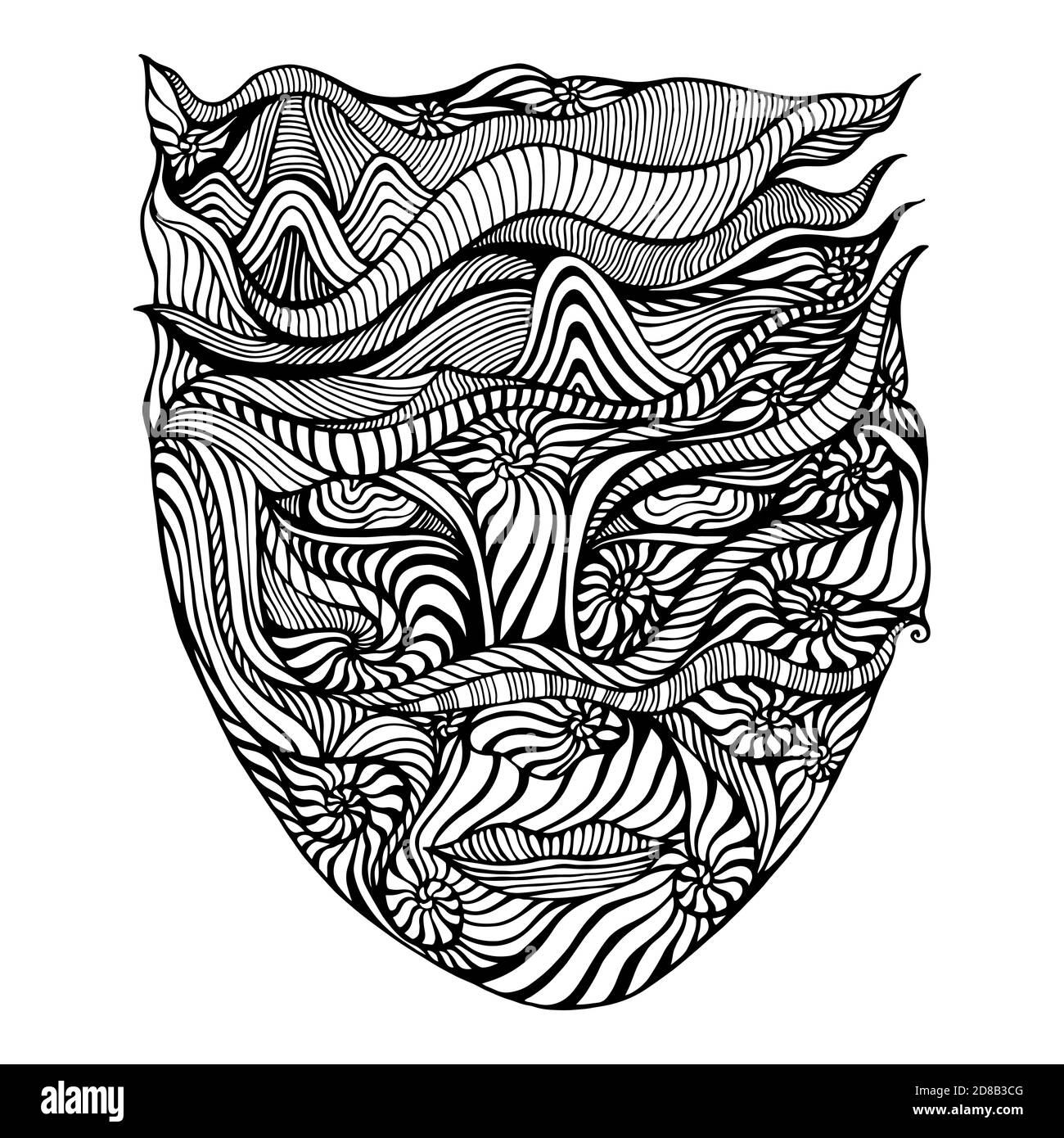 Visage psychédélique noir et blanc de page de coloriage de motifs fous. Illustration de Vecteur