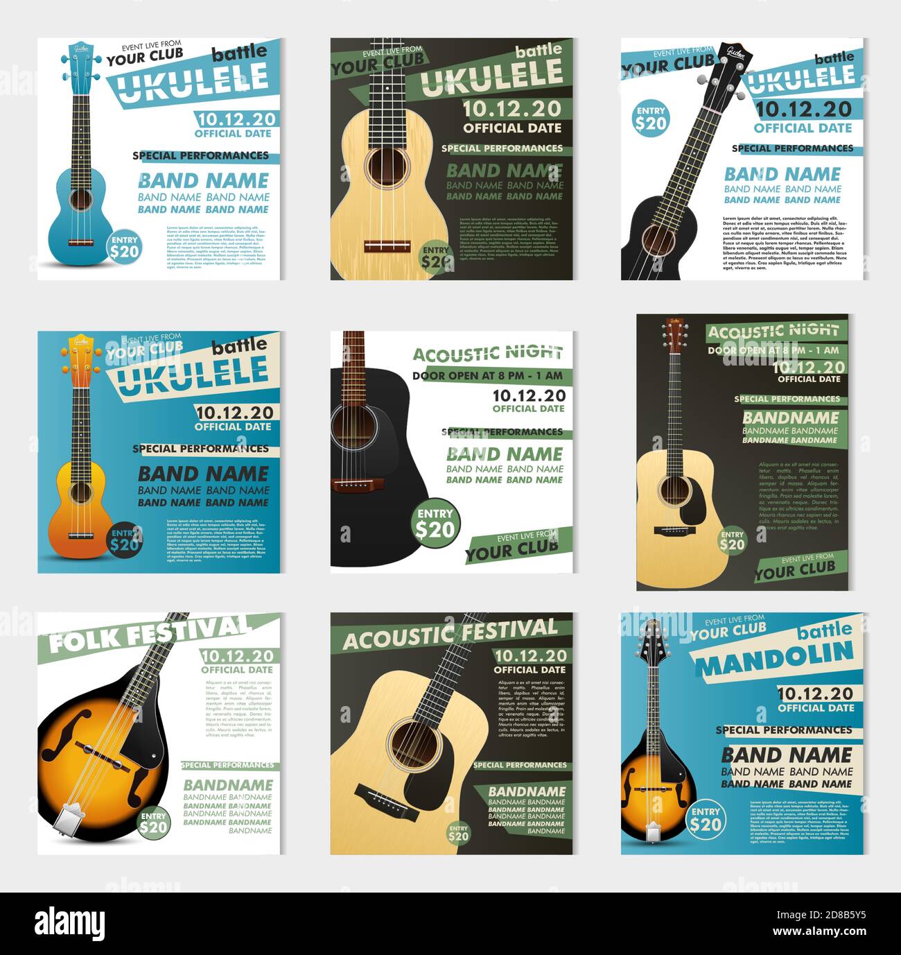 Affiches musicales. Guitare et ukulele bannière pour le festival. Modèle rétro vintage pour brochures, livrets ou publicités Illustration de Vecteur