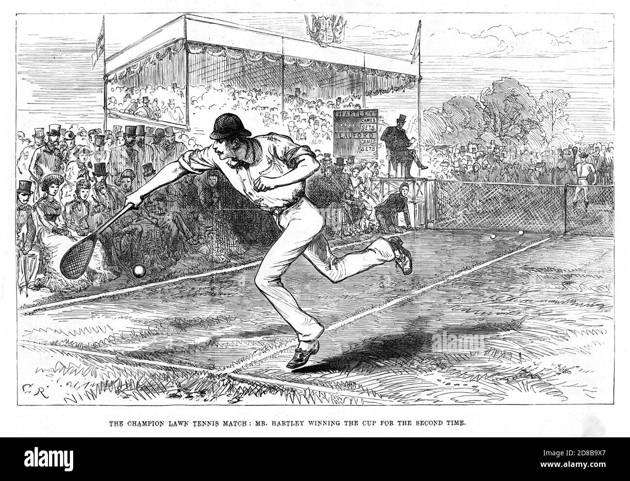 M. Hartley remporte Wimbledon, 1880 croquis d'action dans la finale des Championnats avec John Hartley victor pour la deuxième fois Banque D'Images