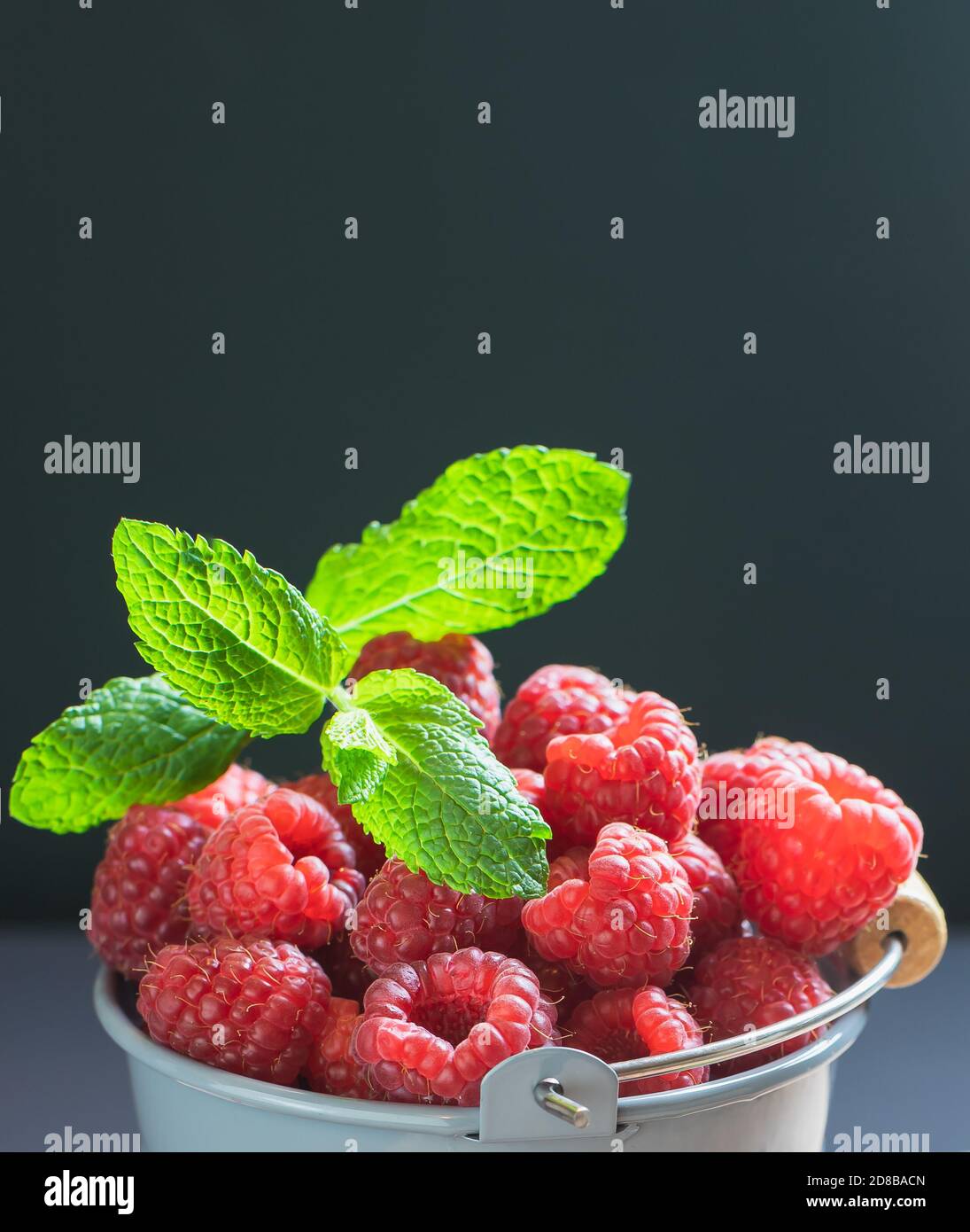 framboises mûres servies dans un seau gris sur fond gris comme dessert de saison sain Banque D'Images