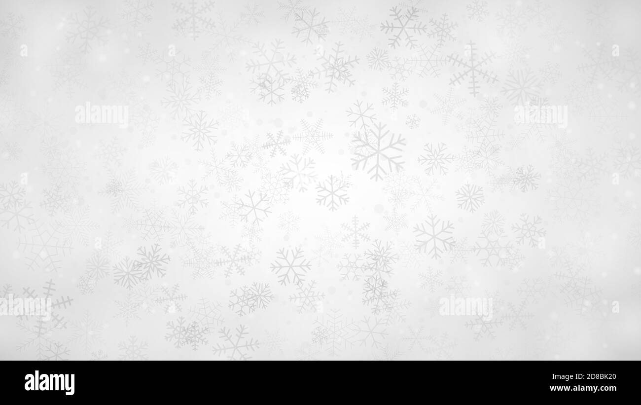 Fond de Noël de flocons de neige de différentes formes, tailles et transparence en gris et blanc Illustration de Vecteur
