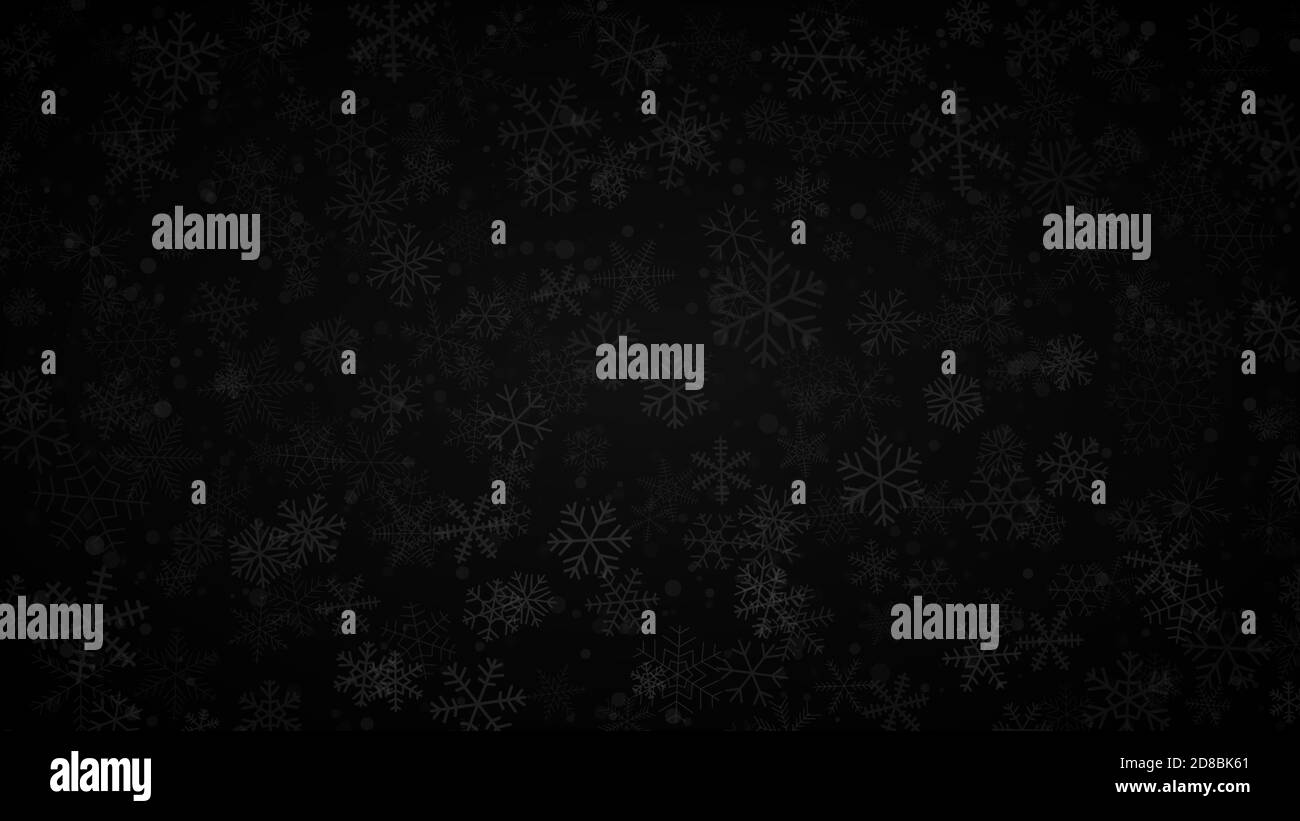 Fond de Noël de flocons de neige de différentes formes, tailles et transparence en noir et gris Illustration de Vecteur