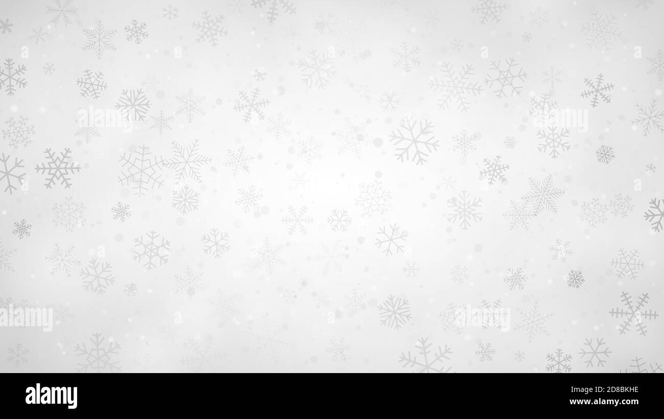 Fond de Noël de flocons de neige de différentes formes, tailles et transparence en gris et blanc Illustration de Vecteur