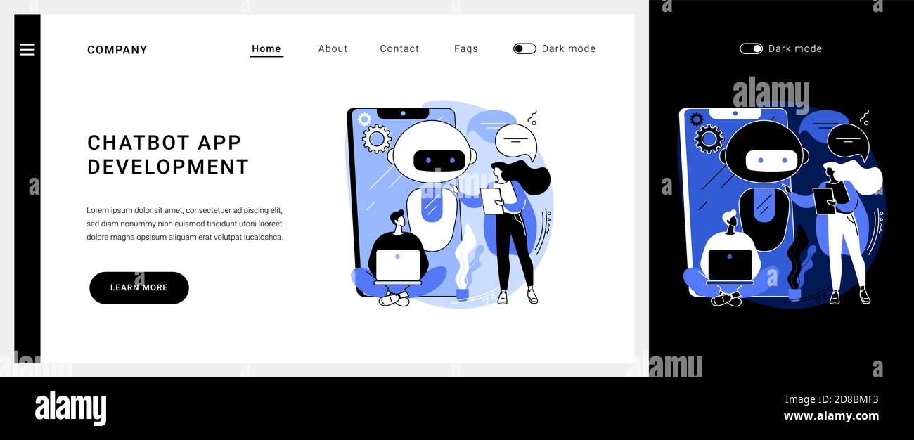 Page d'accueil du concept de vecteur de développement d'application Chatbot. Illustration de Vecteur