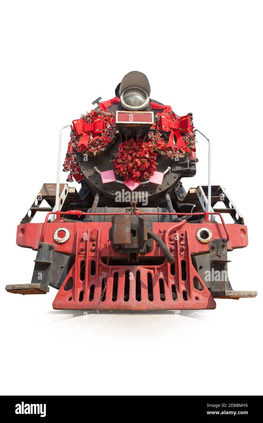 Vieille locomotive à vapeur avec les décorations rouges isolées sur fond blanc, vue de face. Banque D'Images