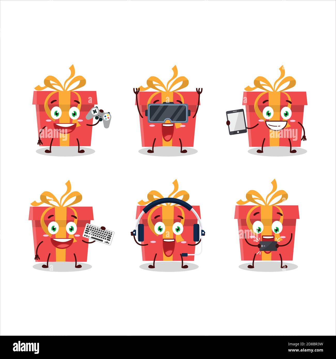 Le personnage de dessin animé de cadeau de Noël rouge joue à des jeux avec divers émoticônes mignons Illustration de Vecteur