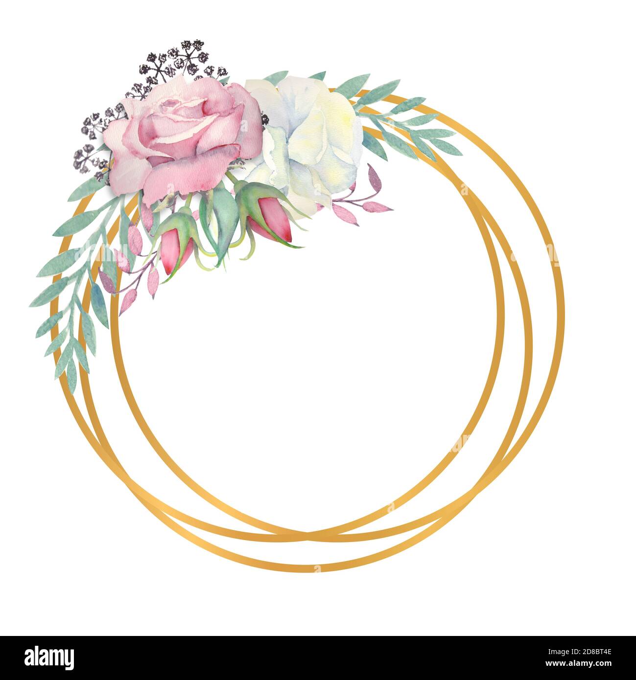 Fleurs roses blanches et roses, feuilles vertes, baies dans un cadre rond  doré. Illustration aquarelle Photo Stock - Alamy