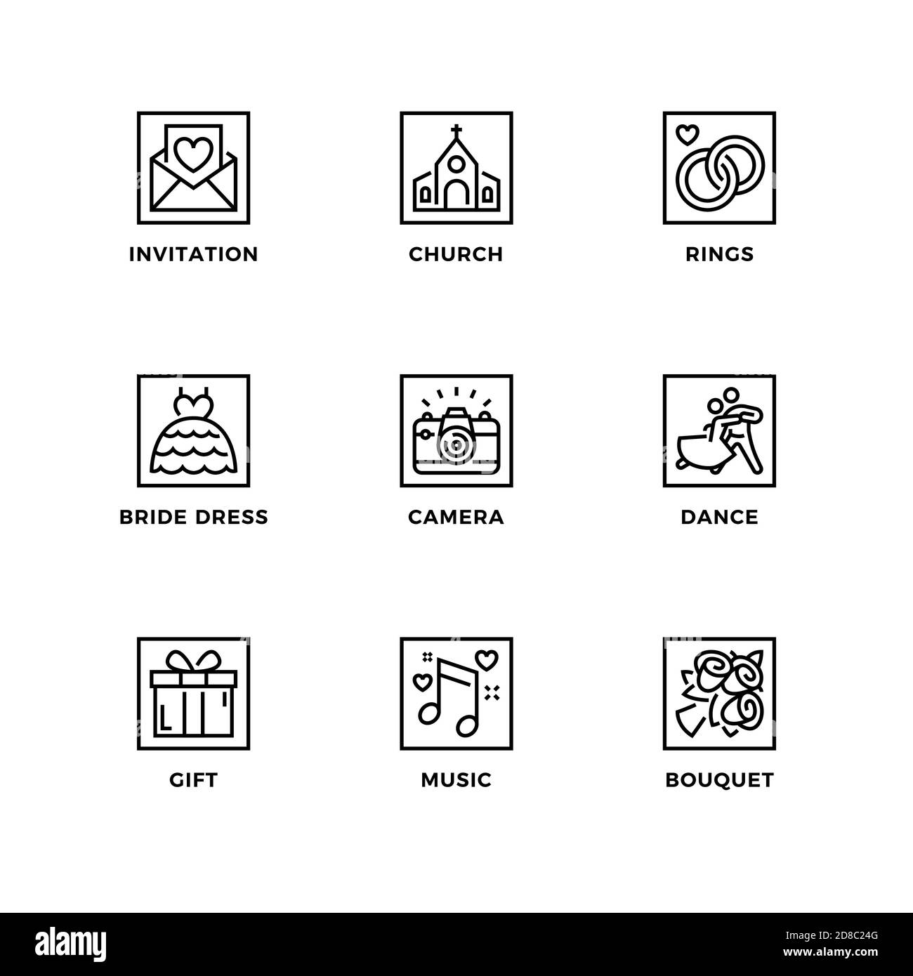 Ensemble vectoriel d'éléments de conception, modèle de conception de logo, icônes et badges pour mariage. Jeu d'icônes de ligne, contour modifiable. Illustration de Vecteur