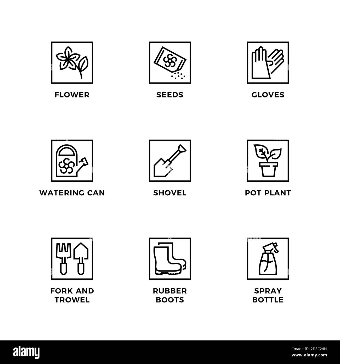 Ensemble vectoriel d'éléments de conception, modèle de conception de logo, icônes et badges pour le jardin. Jeu d'icônes de ligne, contour modifiable. Illustration de Vecteur