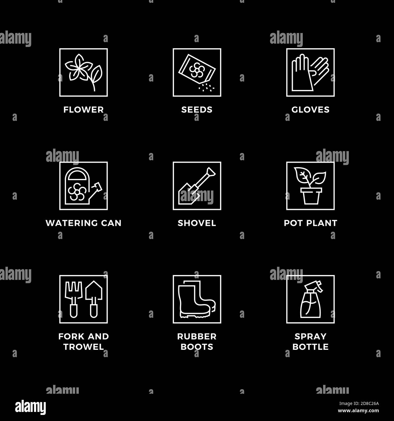 Ensemble vectoriel d'éléments de conception, modèle de conception de logo, icônes et badges pour le jardin. Jeu d'icônes de ligne, contour modifiable. Illustration de Vecteur