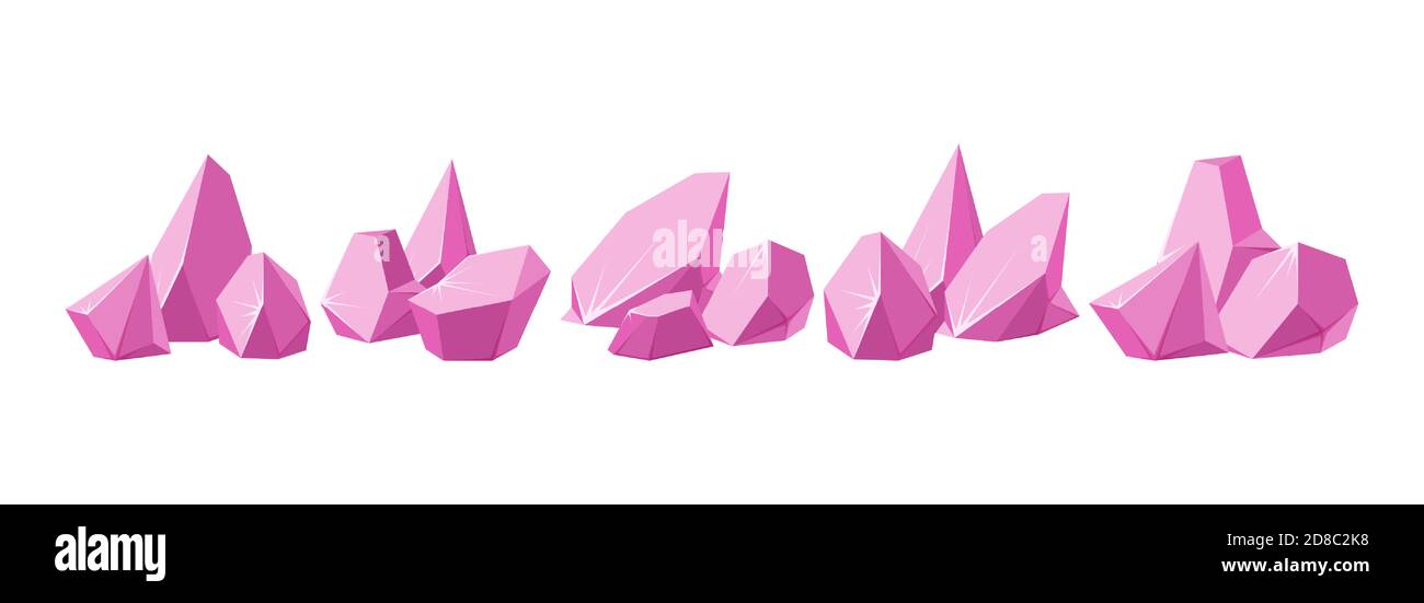 Cristaux brisés en morceaux. Grand jeu de cristaux de rubis écrasés. Pierres gemmes cassées ou roches roses. Illustration vectorielle de style dessin animé Illustration de Vecteur