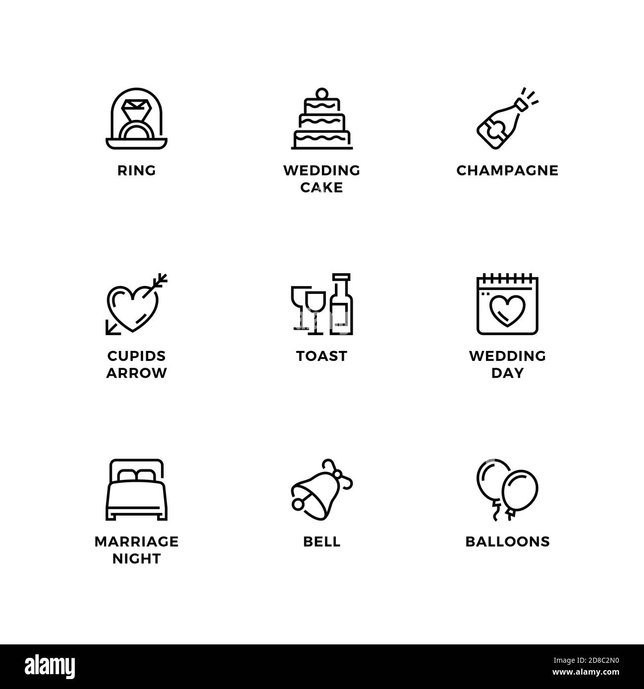 Ensemble vectoriel d'éléments de conception, modèle de conception de logo, icônes et badges pour mariage. Jeu d'icônes de ligne, contour modifiable. Illustration de Vecteur