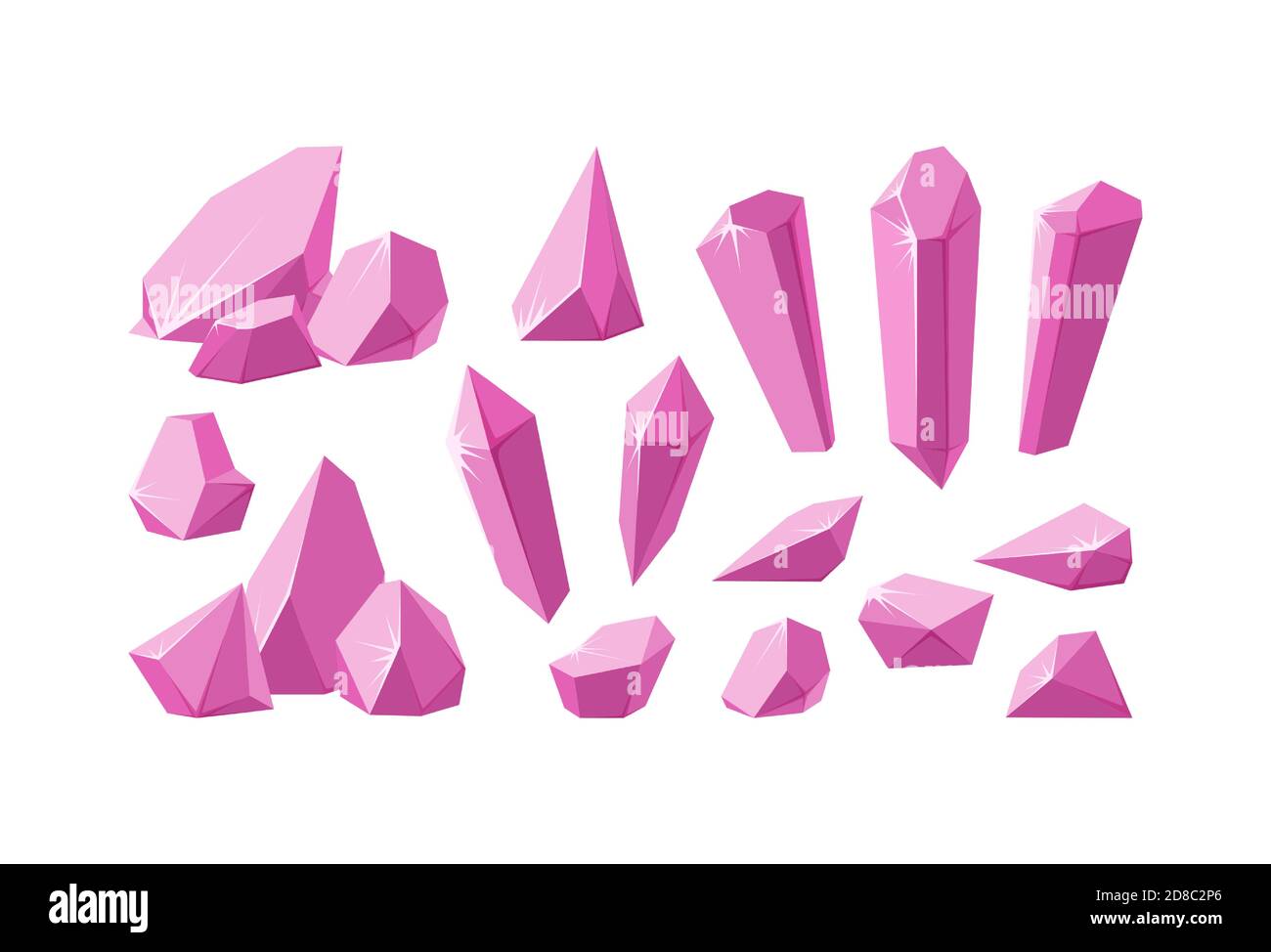 Cristaux et pierres précieuses roses. Ensemble de prismes en cristal rubis et de pièces aux facettes étincelantes. Gemmes améthystes de formes diverses. Illustration vectorielle dans Illustration de Vecteur