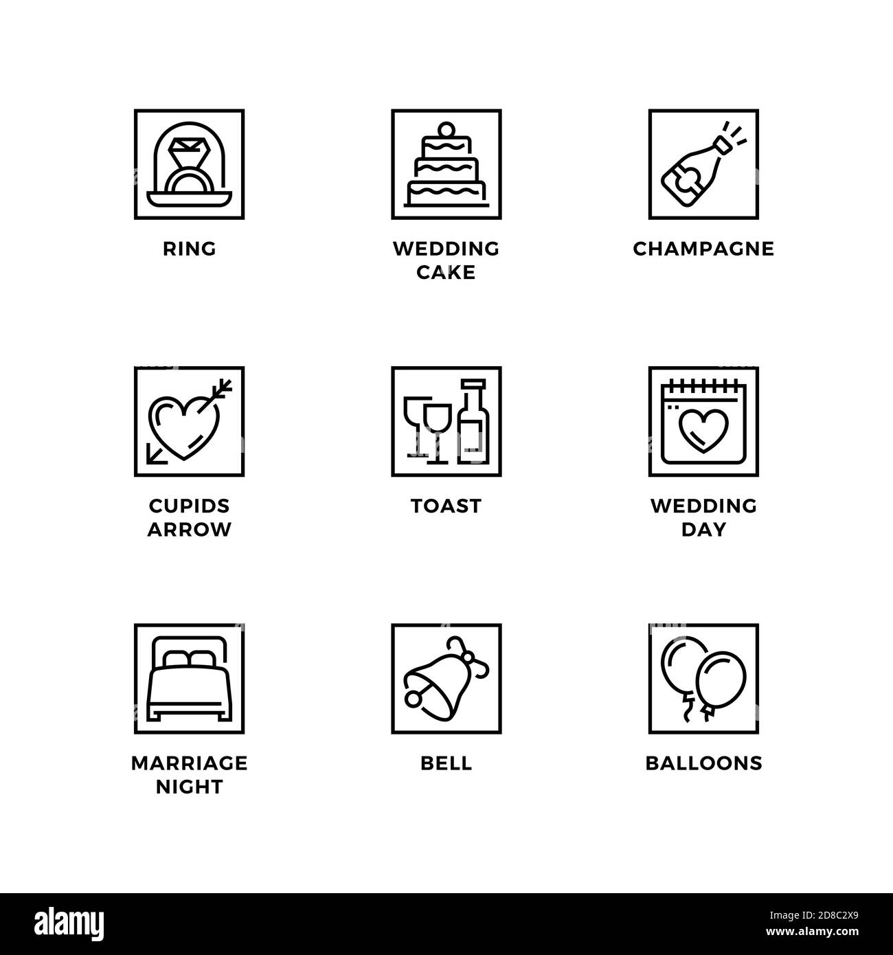 Ensemble vectoriel d'éléments de conception, modèle de conception de logo, icônes et badges pour mariage. Jeu d'icônes de ligne, contour modifiable. Illustration de Vecteur
