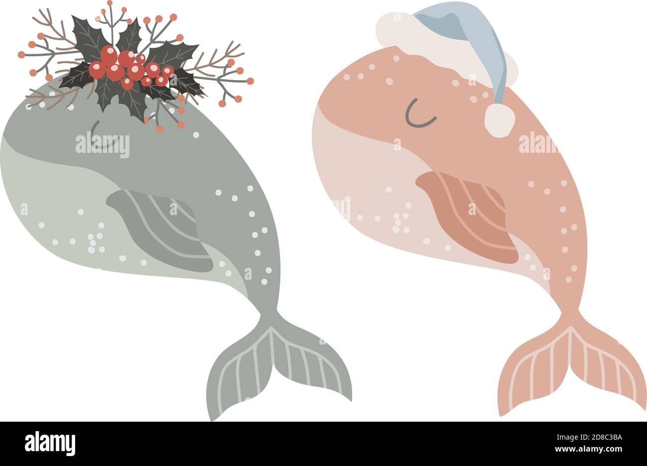 Ensemble de petite baleine isolée avec couronne de fleurs d'hiver et chapeau de père noël. Illustration vectorielle Illustration de Vecteur