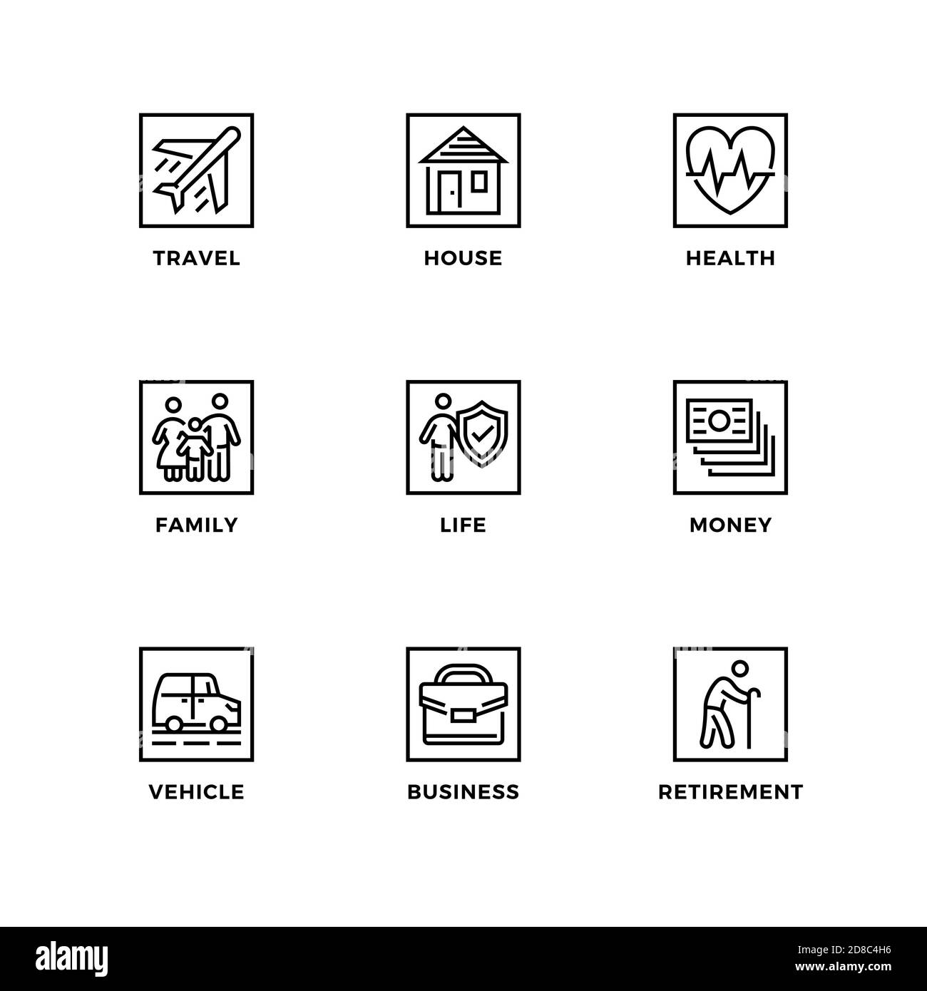 Ensemble vectoriel d'éléments de conception, modèle de conception de logo, icônes et badges pour l'assurance. Jeu d'icônes de ligne, contour modifiable. Illustration de Vecteur