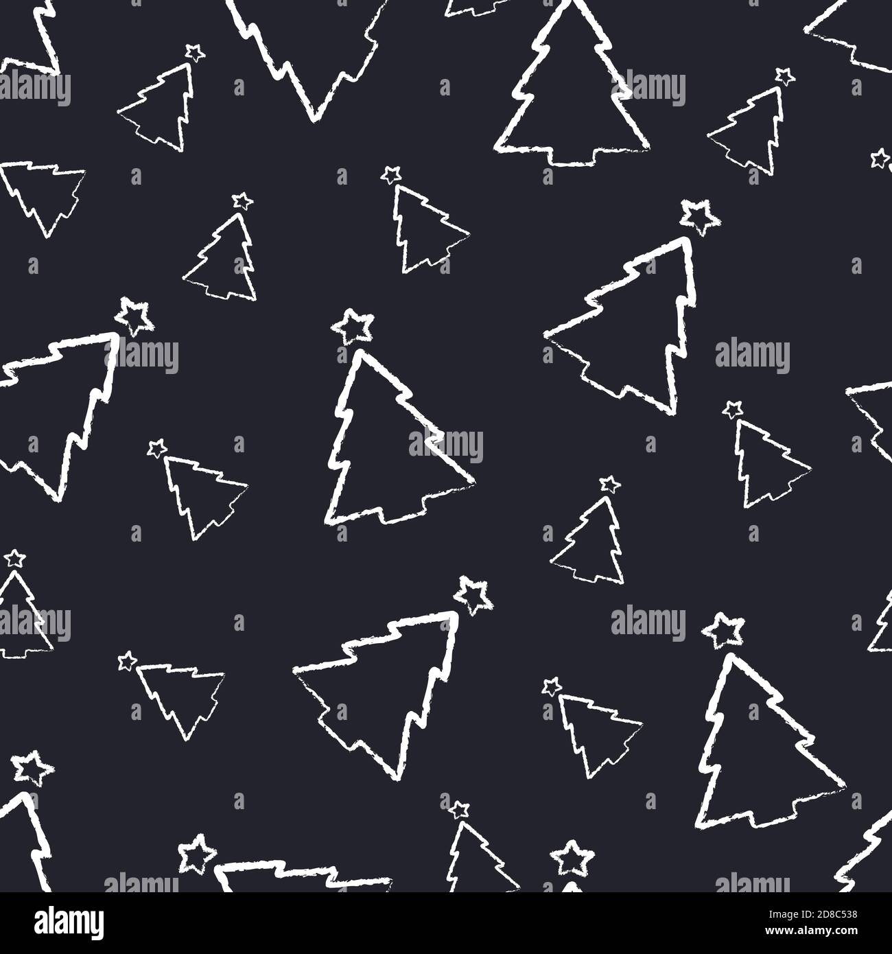 Arbres de Noël simplifiés dessinés à la main dans une craie sur fond noir. Motif vectoriel sans couture. Design d'emballage, textile, cartes, décoration, style scandinave minimaliste Illustration de Vecteur