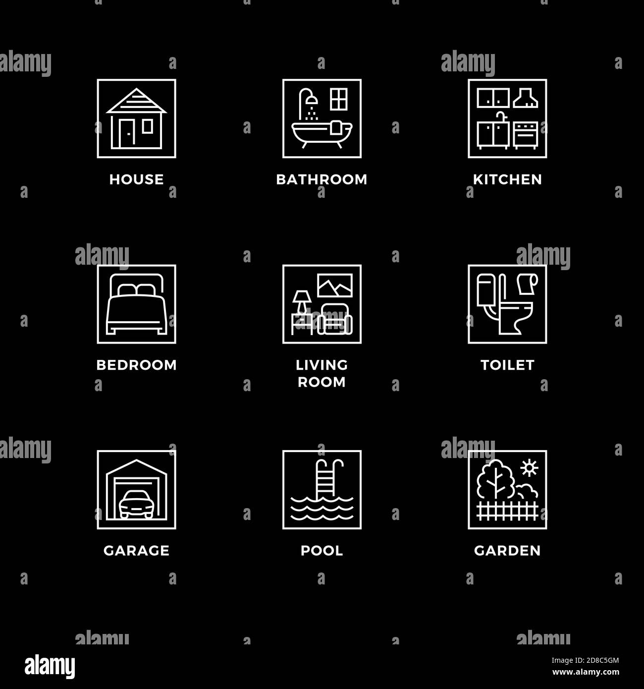 Ensemble vectoriel d'éléments de conception, modèle de conception de logo, icônes et badges pour la maison. Jeu d'icônes de ligne, contour modifiable. Illustration de Vecteur