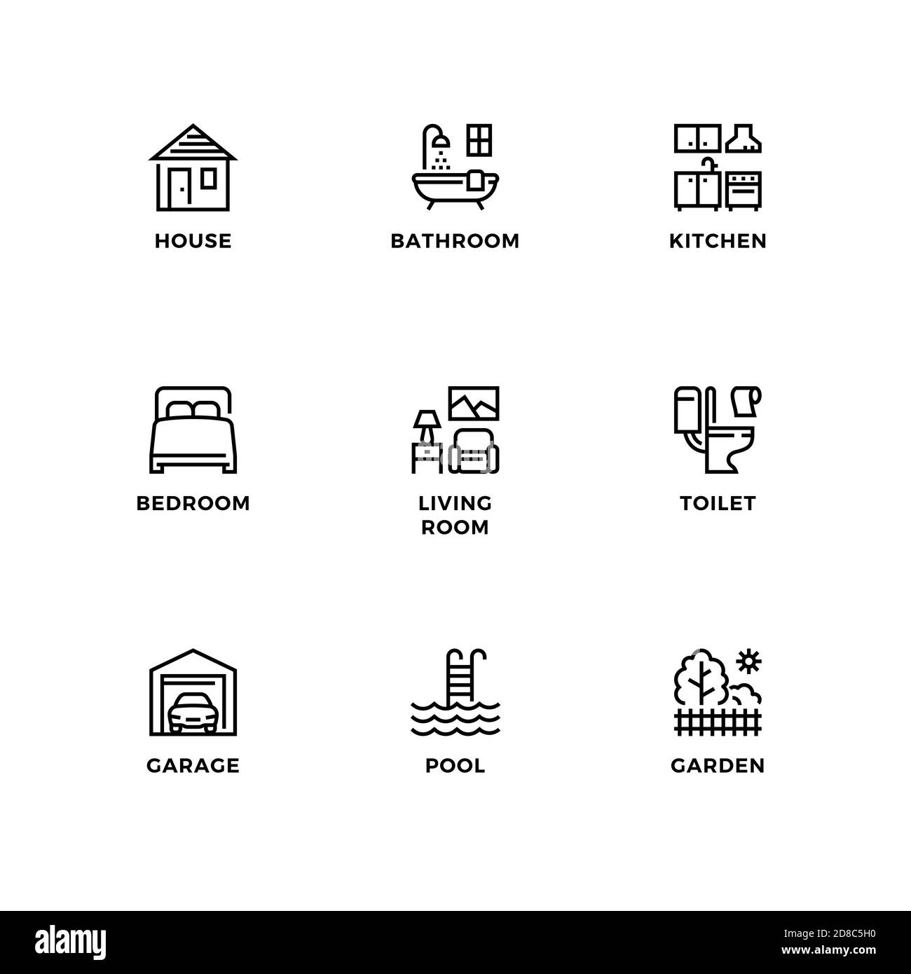 Ensemble vectoriel d'éléments de conception, modèle de conception de logo, icônes et badges pour la maison. Jeu d'icônes de ligne, contour modifiable. Illustration de Vecteur