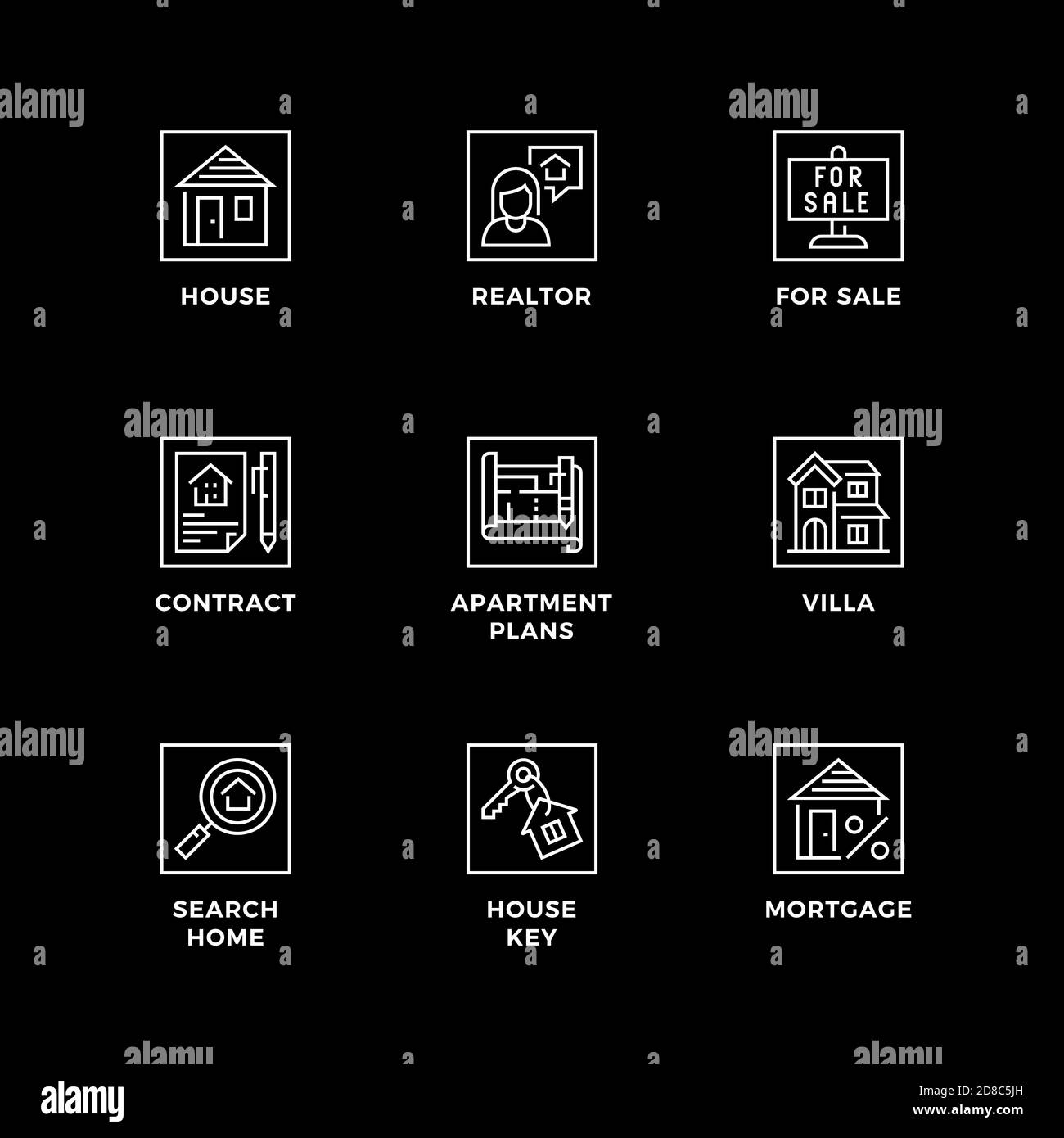 Ensemble vectoriel d'éléments de conception, modèle de conception de logo, icônes et badges pour l'immobilier. Jeu d'icônes de ligne, contour modifiable. Illustration de Vecteur