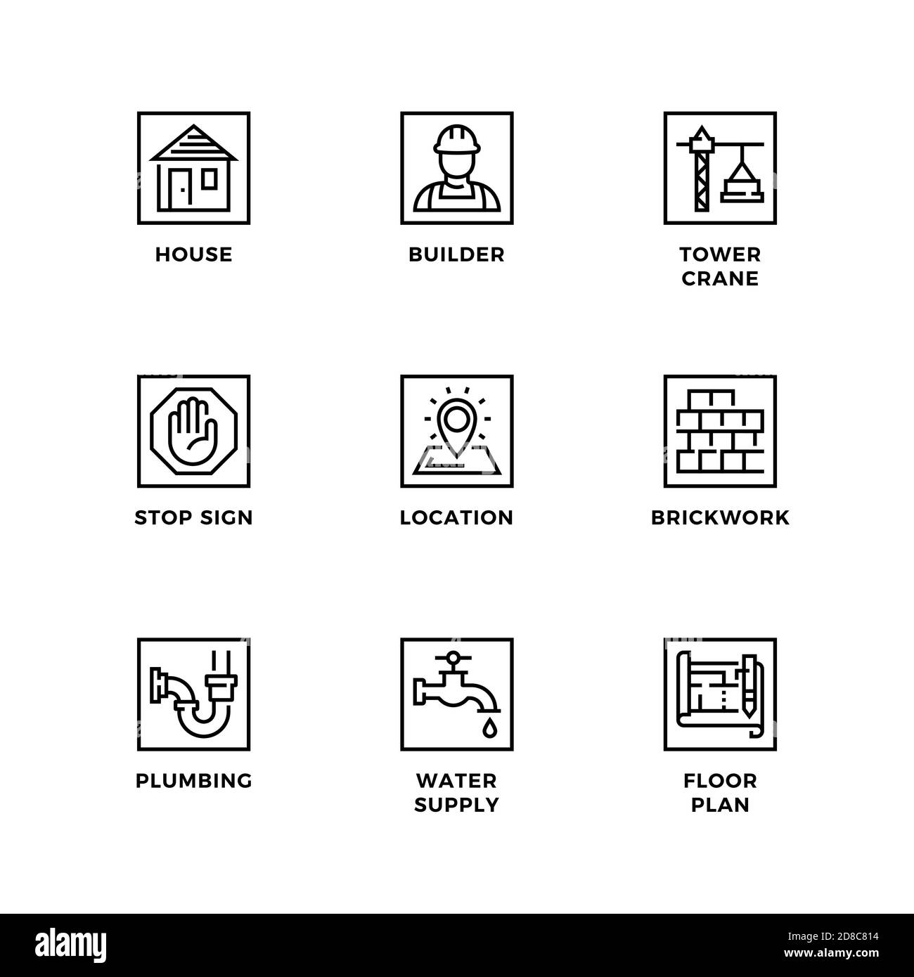 Ensemble vectoriel d'éléments de conception, modèle de conception de logo, icônes et badges pour la construction. Jeu d'icônes de ligne, contour modifiable. Illustration de Vecteur