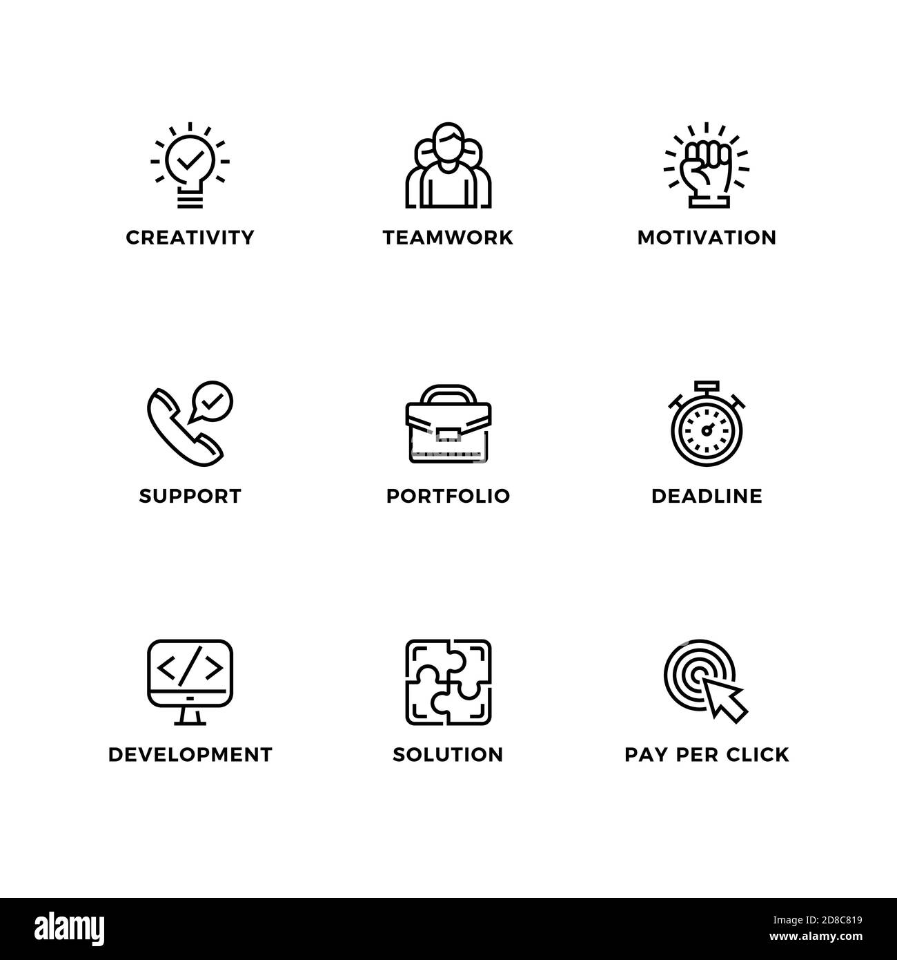 Ensemble vectoriel d'éléments de conception, modèle de conception de logo, icônes et badges pour le démarrage. Jeu d'icônes de ligne, contour modifiable. Illustration de Vecteur