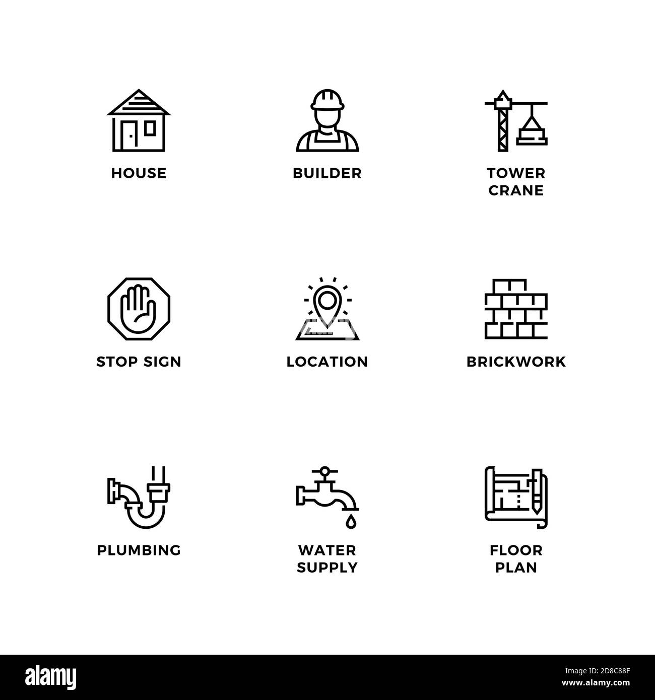 Ensemble vectoriel d'éléments de conception, modèle de conception de logo, icônes et badges pour la construction. Jeu d'icônes de ligne, contour modifiable. Illustration de Vecteur