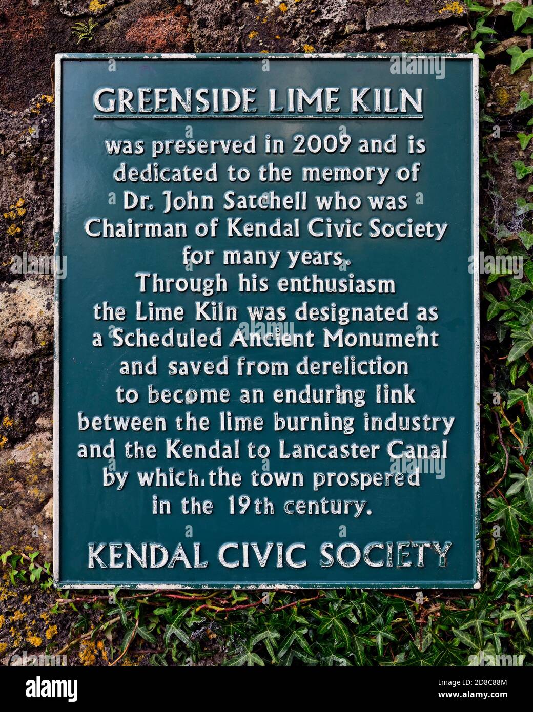 Plaque descriptive. Four vert-de-lime Greenside, Kendal, Cumbria, Angleterre, Royaume-Uni, Europe. Banque D'Images