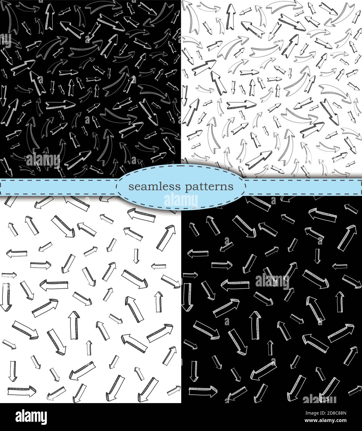 ensemble vectoriel de motifs sans fin sans couture des éléments de flèche dessinés à la main dans un style puéril à motif croquis. motif pour le design emballage tissu en papier textile, arrière-plan tendance à motif minimaliste Illustration de Vecteur