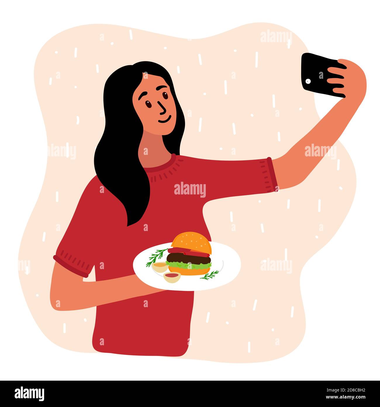 femme blogueur de nourriture faisant photo selfie avec hamberger et sauce pour le blog. Adorable fille avec appareil photo pour smartphone. Illustration du dessin animé Vector sur les réseaux sociaux Illustration de Vecteur