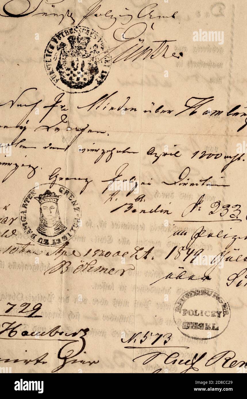 Document allemand : passeport prussien (1848/49) avec timbres-frontières Banque D'Images