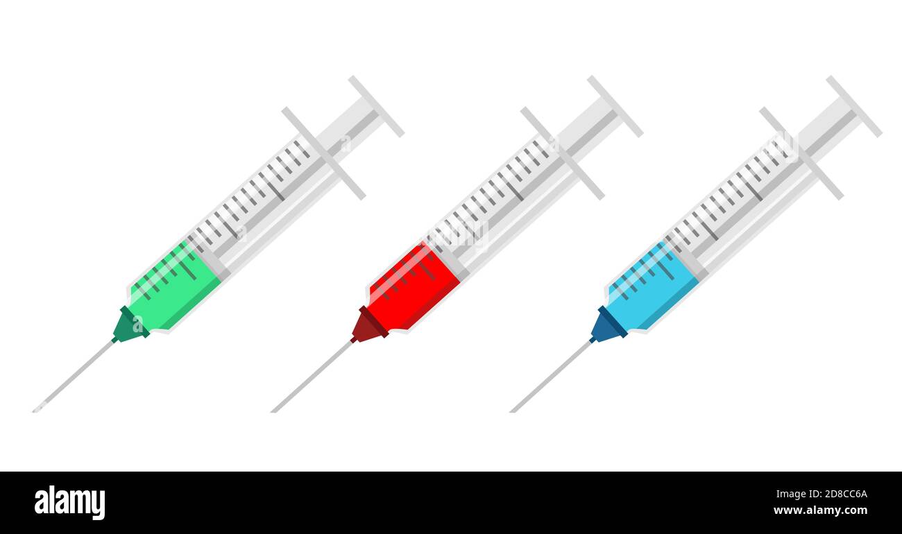 Un jeu de seringues avec différents liquides et médicaments. Icônes de seringue de style plat avec médecine bleue, rouge et verte. Illustration de Vecteur