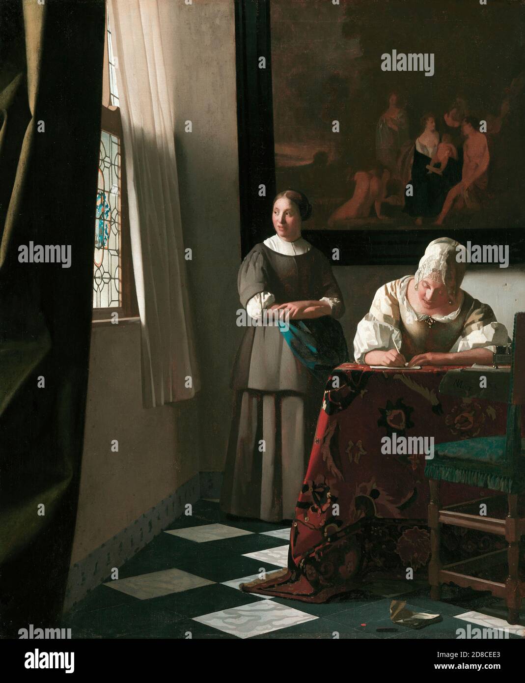 Titre: Dame écrivant une lettre avec son Maid Créateur: Johannes Vermeer Date: c.1670 Moyen: Huile sur toile Dimensions: 72.2 x 59.5 cm emplacement: Galerie nationale d'Irlande, Dublin Banque D'Images