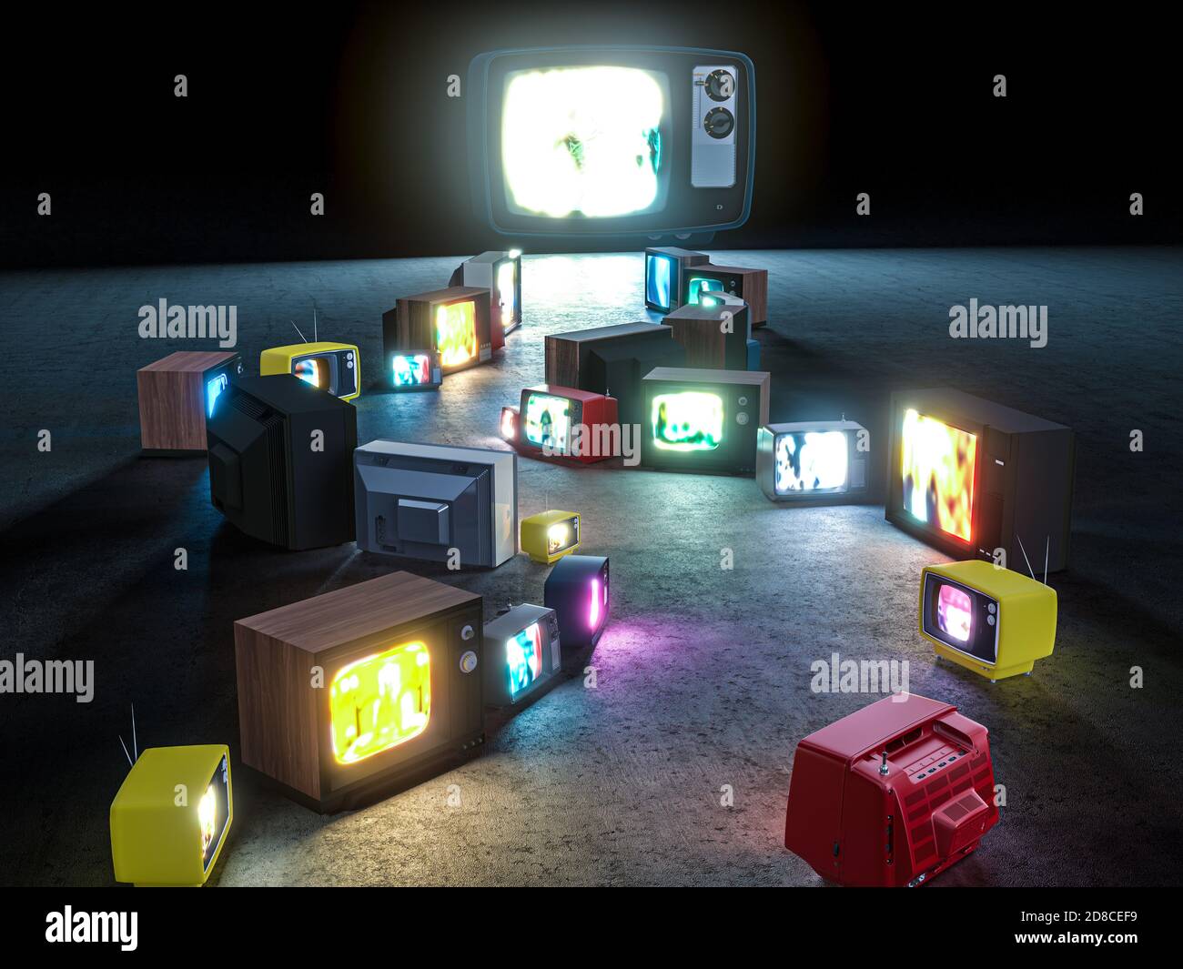 Chemin avec les anciens téléviseurs à tube cathodique qui mène à une grande télévision. Addiction et multimédia concept 3d rendu. Banque D'Images