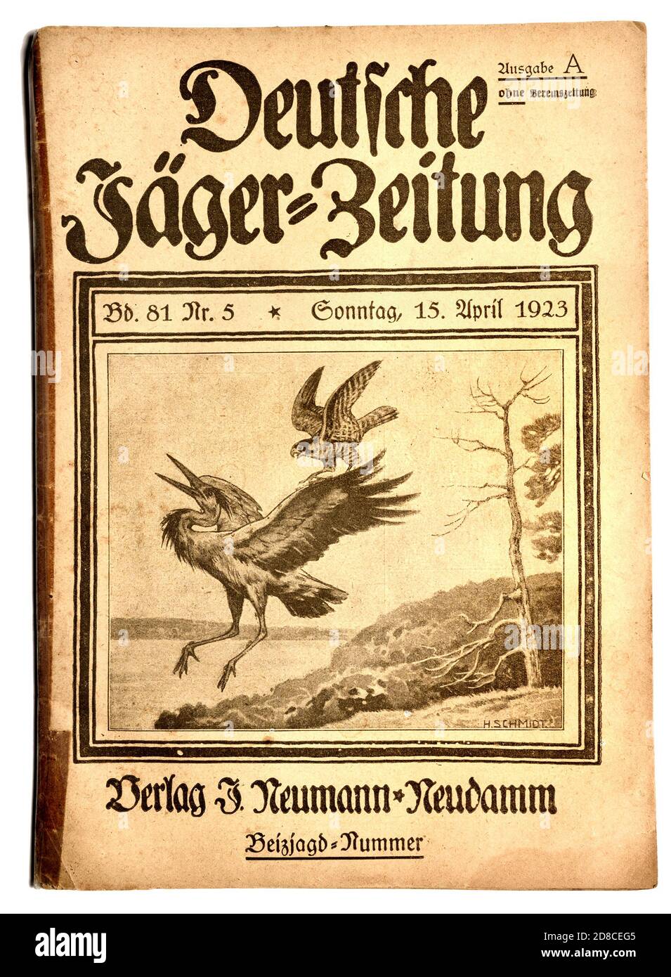 Document allemand: Hunters' Newspaper / magazine: Deutsche Jaeger Zeitung (avril 1923) 'German Hunting périodique' couverture Banque D'Images