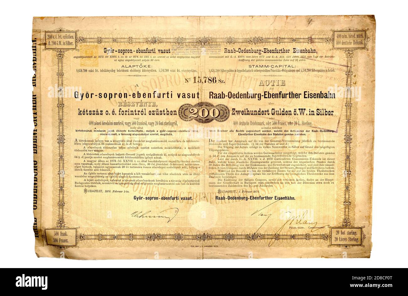 Certificat d'action allemand / hongrois pour le chemin de fer Győr-Sopron-Ebenfurt (1876) Banque D'Images
