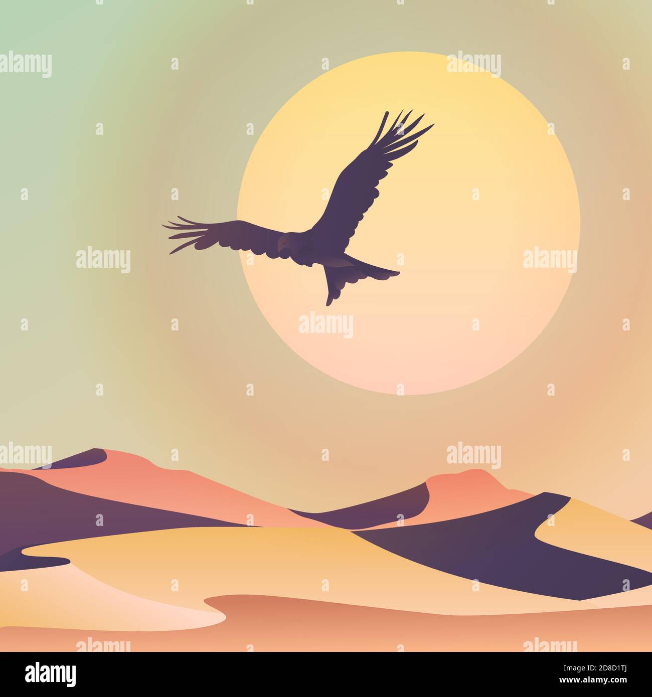 Un grand oiseau de proie survole les dunes. Le soleil derrière l'oiseau le paysage des pays tropicaux. Sable du désert. Image stylisée minimaliste en couleur dans Illustration de Vecteur