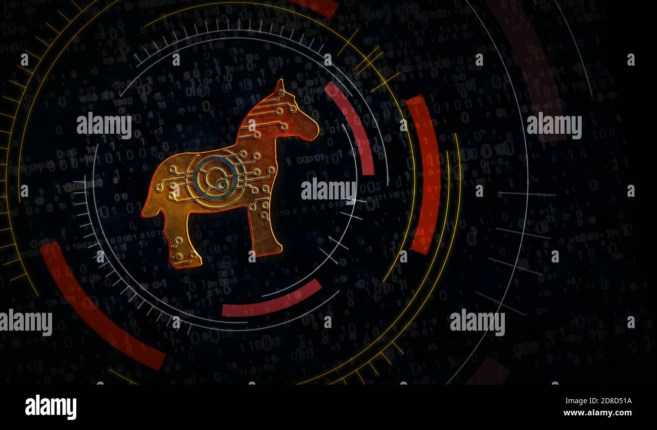 Icône de la technologie des chevaux de Troie, des virus informatiques, de la cybersécurité, des programmes malveillants, de la criminalité et de l'espionnage. Illustration du rendu 3d du concept de symbole abstrait. Banque D'Images
