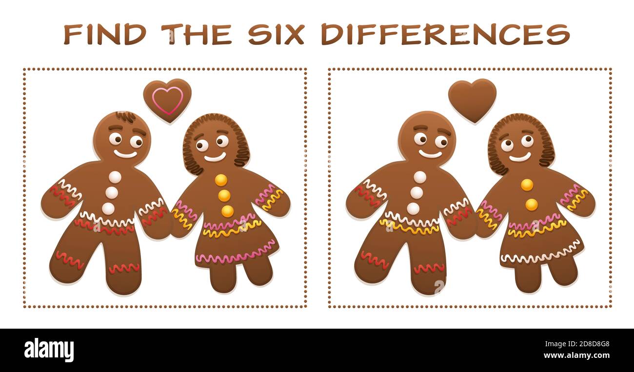 Puzzle de Noël, trouvez les six différences. Pain d'épice homme et femme amoureux de cookie de coeur - mignon et doux plaisir de noël. Banque D'Images