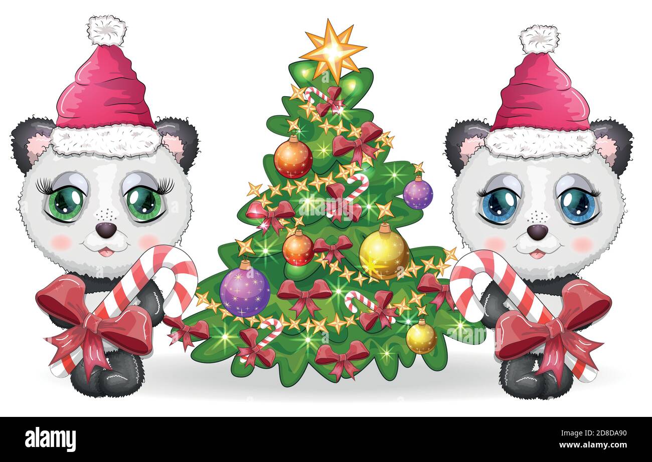 Couple mignon dessin animé panda ours avec de grands yeux dans un chapeau rouge Santa Claus près de l'arbre de Noël. Nouvelle année Illustration de Vecteur