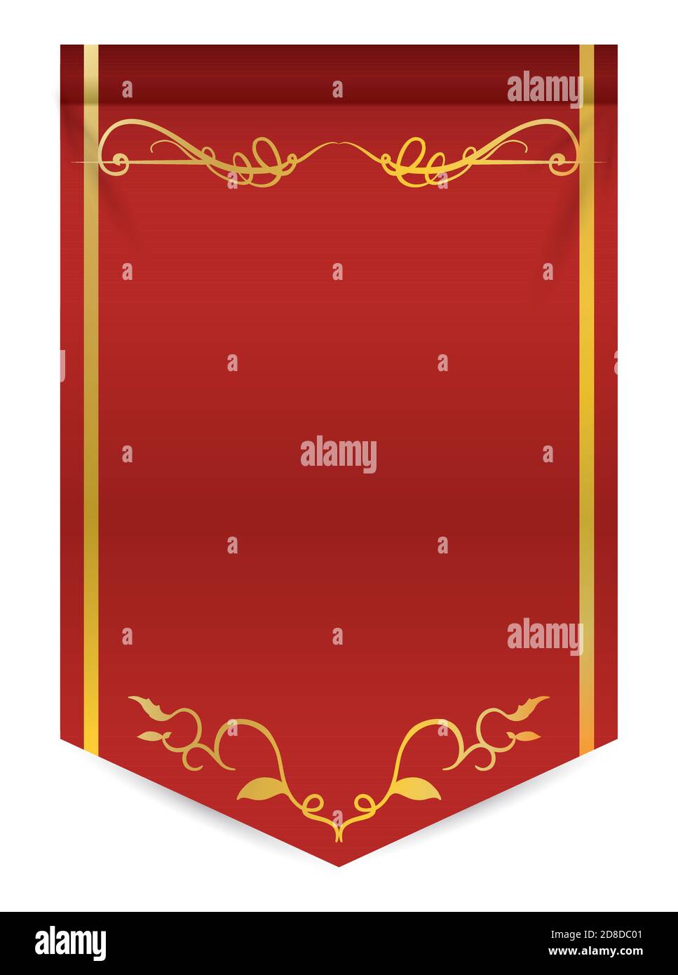 Pennant rouge décoré de vignes, de feuilles et de décorations dorées, isolé sur fond blanc. Illustration de Vecteur