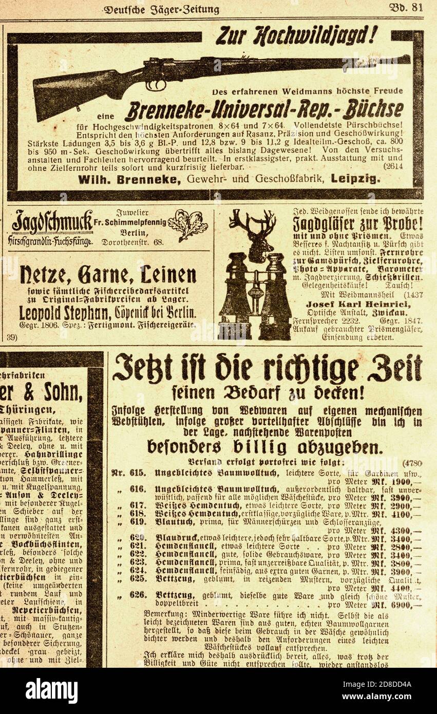 Document allemand: Hunterss' Newspaper / magazine: Deutsche Jaeger Zeitung (avril 1923) annonces classées au dos pour fusils de chasse et jumelles Banque D'Images