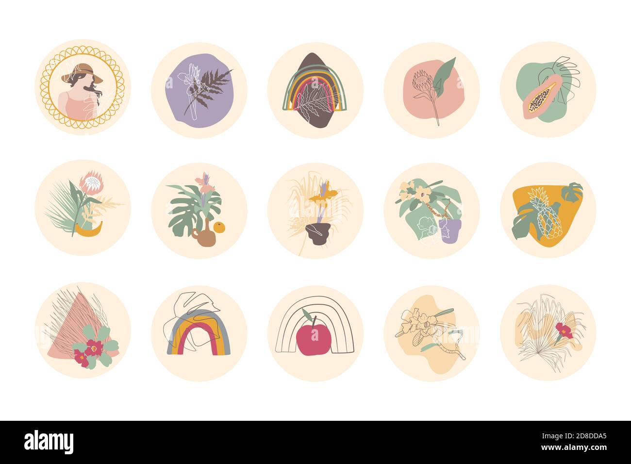 Ensemble d'instagram met en valeur des icônes d'histoires avec des plantes de maison tropicales de boho et des objets de décoration d'intérieur. Illustration vectorielle plate. Illustration de Vecteur