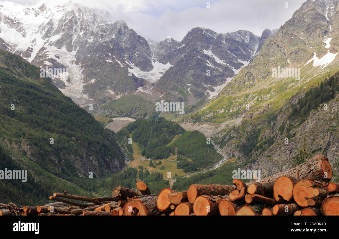 Vue magnifique et reposante sur Monte Rosa, Macugnaga Italie, avec des couleurs douces et des rondins. Banque D'Images