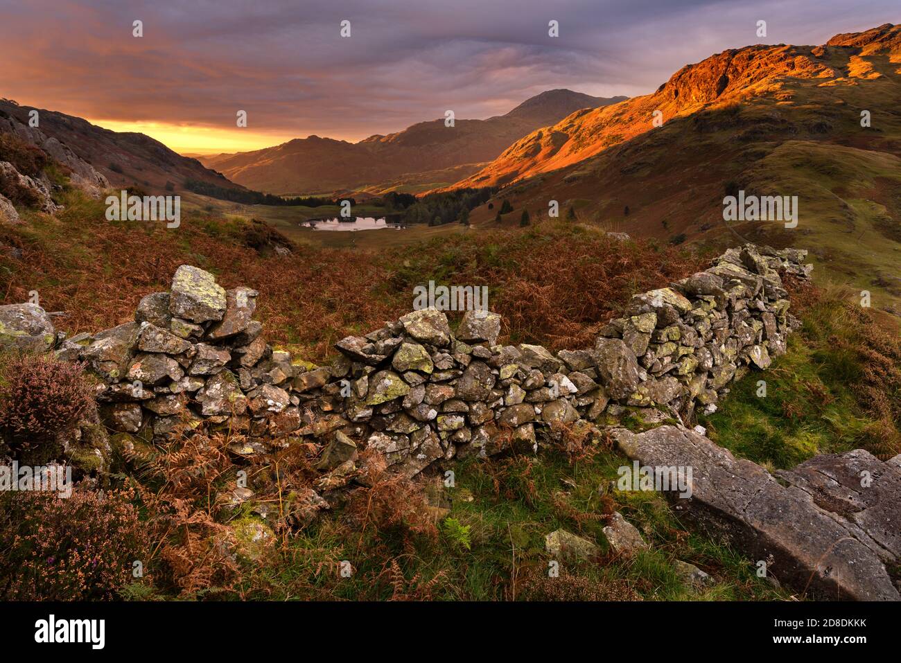 Magnifique lever de soleil avec la première lumière sur les sommets de montagne prise sur Side Pike dans le Lake District, Royaume-Uni. Un vieux mur de pierre peut être vu au premier plan. Banque D'Images